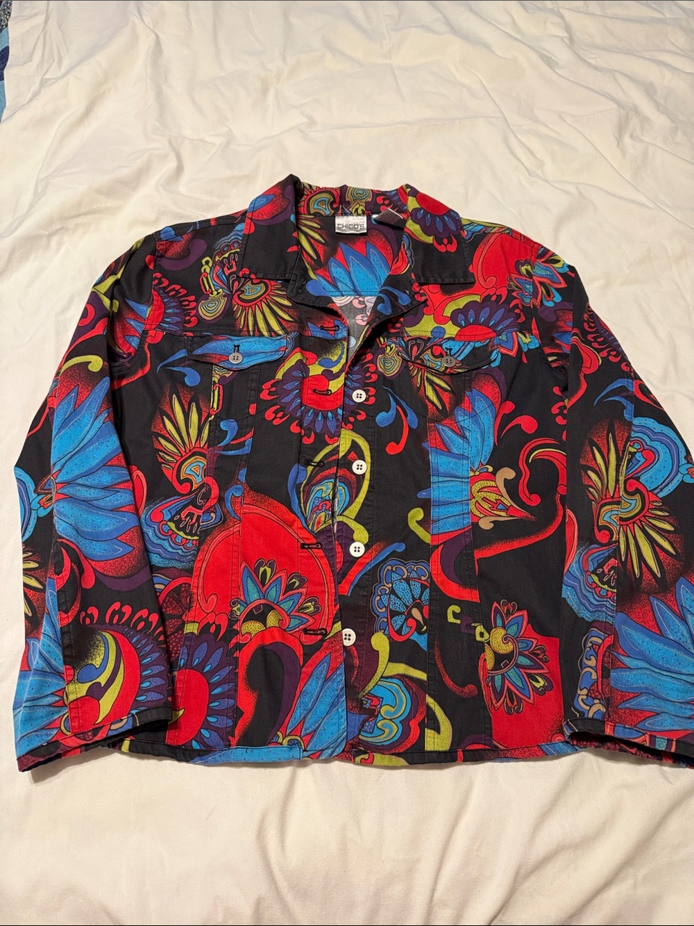Chico's Black Button-Down Shirt with Red & Blue Floral Print